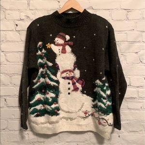 Christmas Sweater gray mock turtleneck neck sz small snowmen decorating a tree